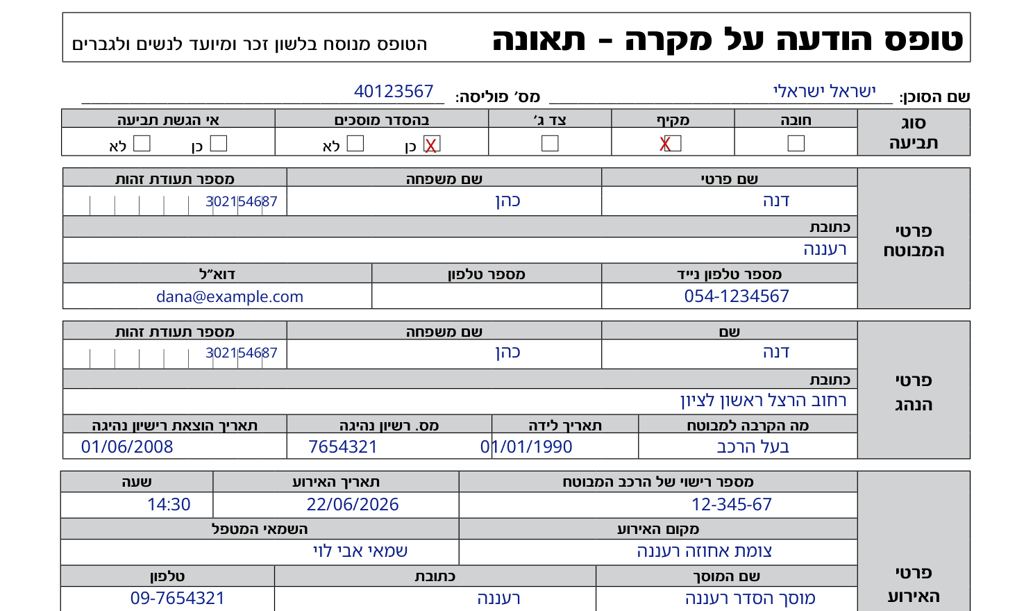 טופס הודעה על תאונה שמולא אוטומטית על ידי המערכת (נתוני דוגמה)